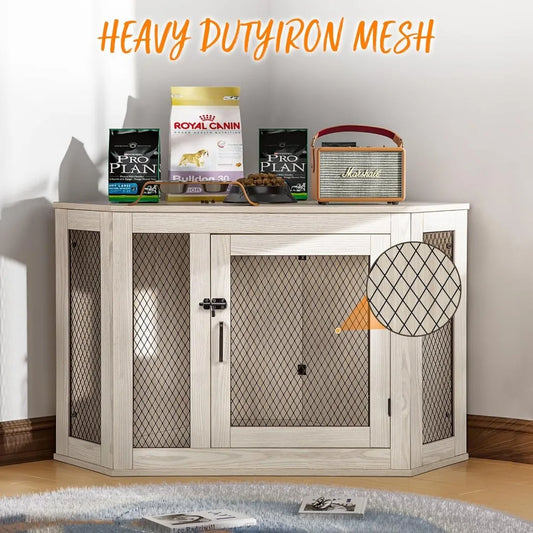 Masterpiece  52 Inch Corner Dog Crate Furniture,Wooden Dog Kennel Furniture With Mesh,Decorative Wood Dog House For Small