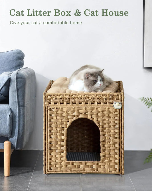 Cat Litter Box Enclosure Furniture, Hidden Litter Box with Mat and Fence, Handwoven Rattan Cat House with Two S-Shaped Hooks for