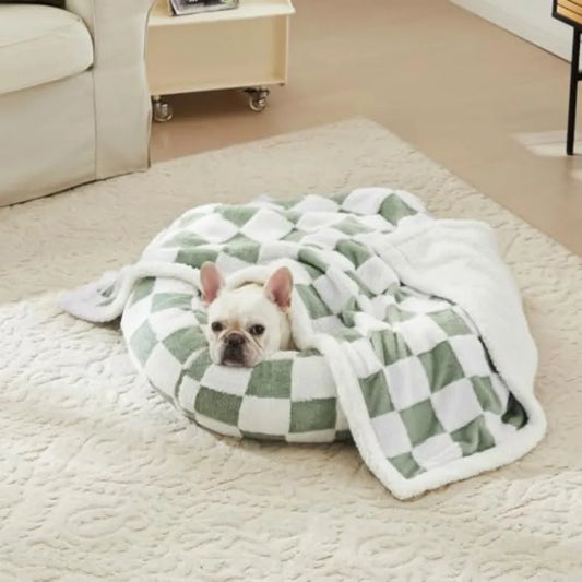 Checkered Dog Blanket, Sage Green Jacquard Sherpa Blankets for Small Dog and Cats, Cute Aesthetic Style Fluffy Fleece Pets Blan