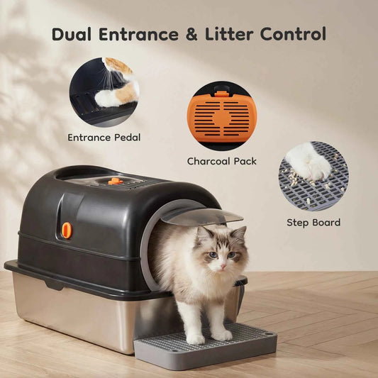 JHK 24IN Stainless Steel Cat Litter Box with Fully Enclosed 30L Large Cat Litter Box for Big Cats Cat Box Scoop and Mat Included