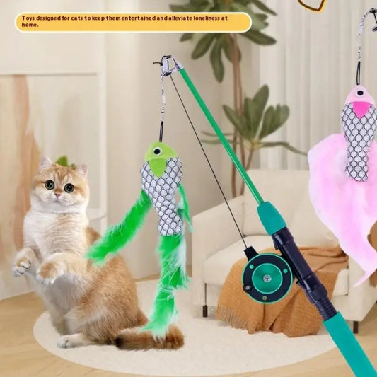 1Pc Telescopic Cat Fishing Rod Toy with Fish & Feathers, Interactive Funny Teaser Wand for Kitten Play