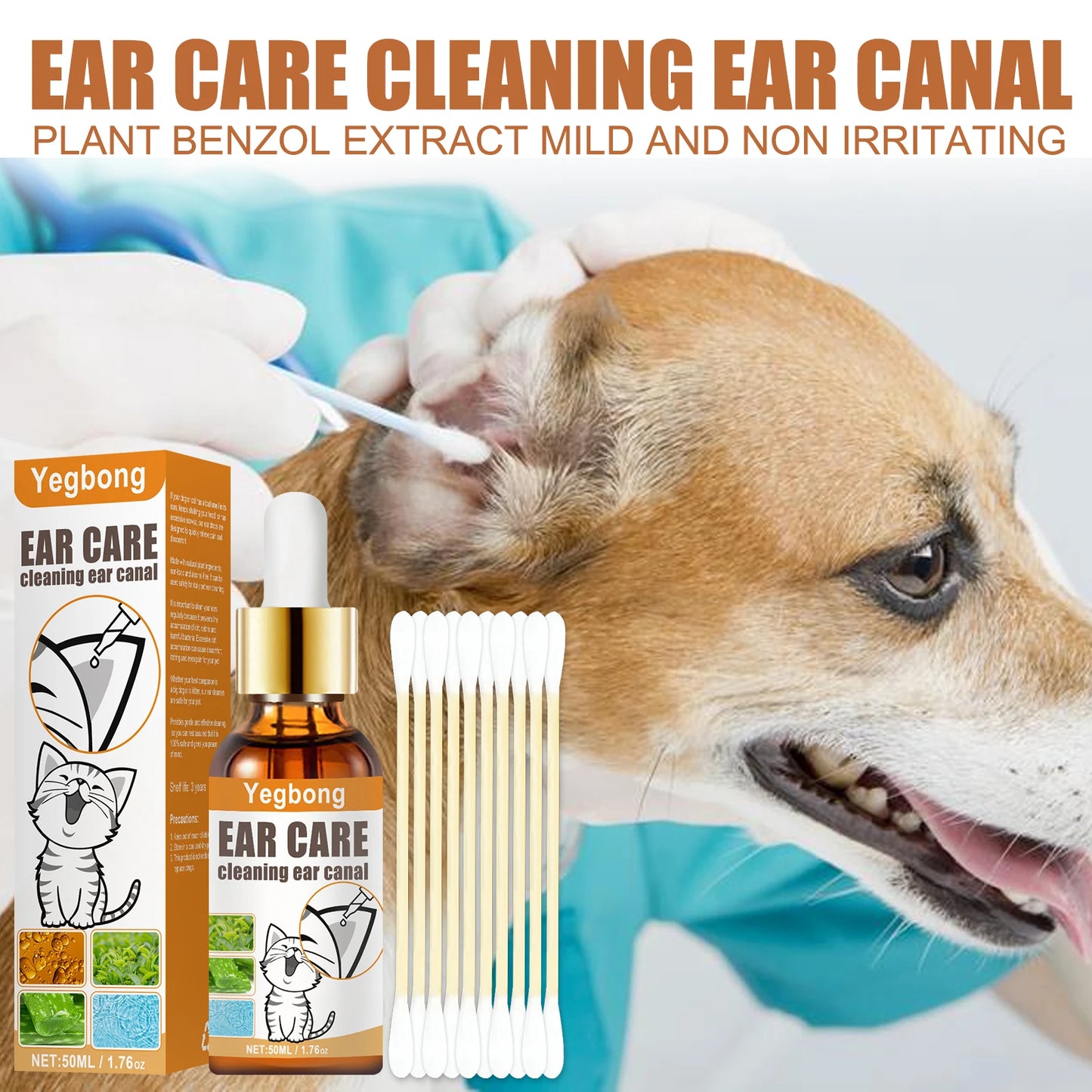 YEGBONG 2set Pet Ear Care Kit with Mite Control Itch Relief Hypoallergenic Cleaning Solution Cotton Swabs for Dogs and Cats Ear