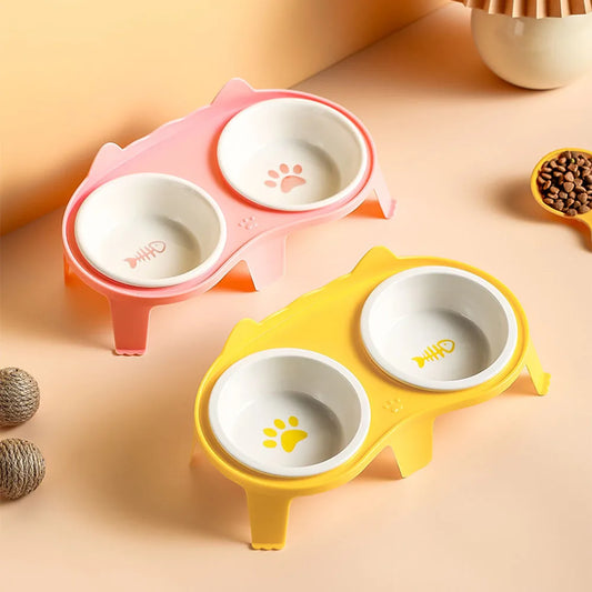 Ceramic Cat Bowl Double Bowl - Elevated Slanted Pet Food Water Bowls, High-Quality Kitten Feeding Drinking Bowls, Pet Supplies - Pet Suppie