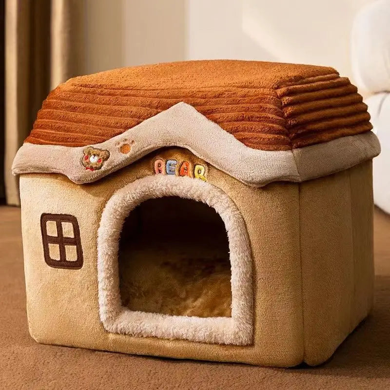 Cute Wooden Pet Castle House – Foldable Soft Bed with Detachable Washable Cushion for Small Dogs & Cats - Pet Suppie