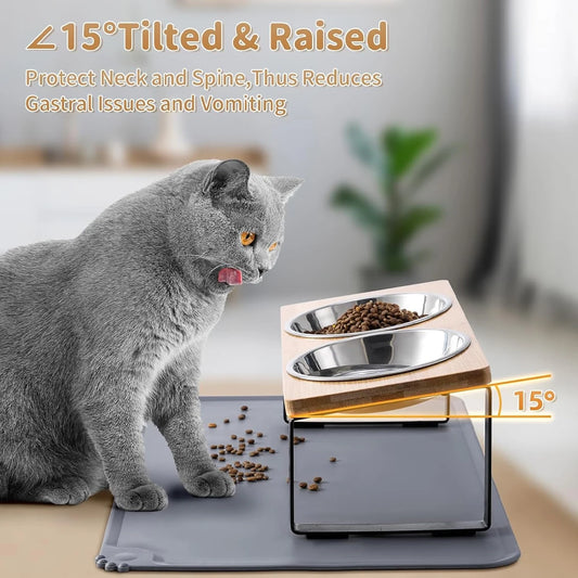 Elevated Cat Bowls with Food Mat 15° Tilted Stand Anti Vomiting Raised Cat Dishes with Silicone Pad for Food and Water for Cats - Pet Suppie