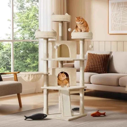 69in Large Cat Tree Tower, 2 Condos, Sisal Posts and Cat-Ear Perch Sturdy anti-wobble base, soft basket, climbing ramp, easy as