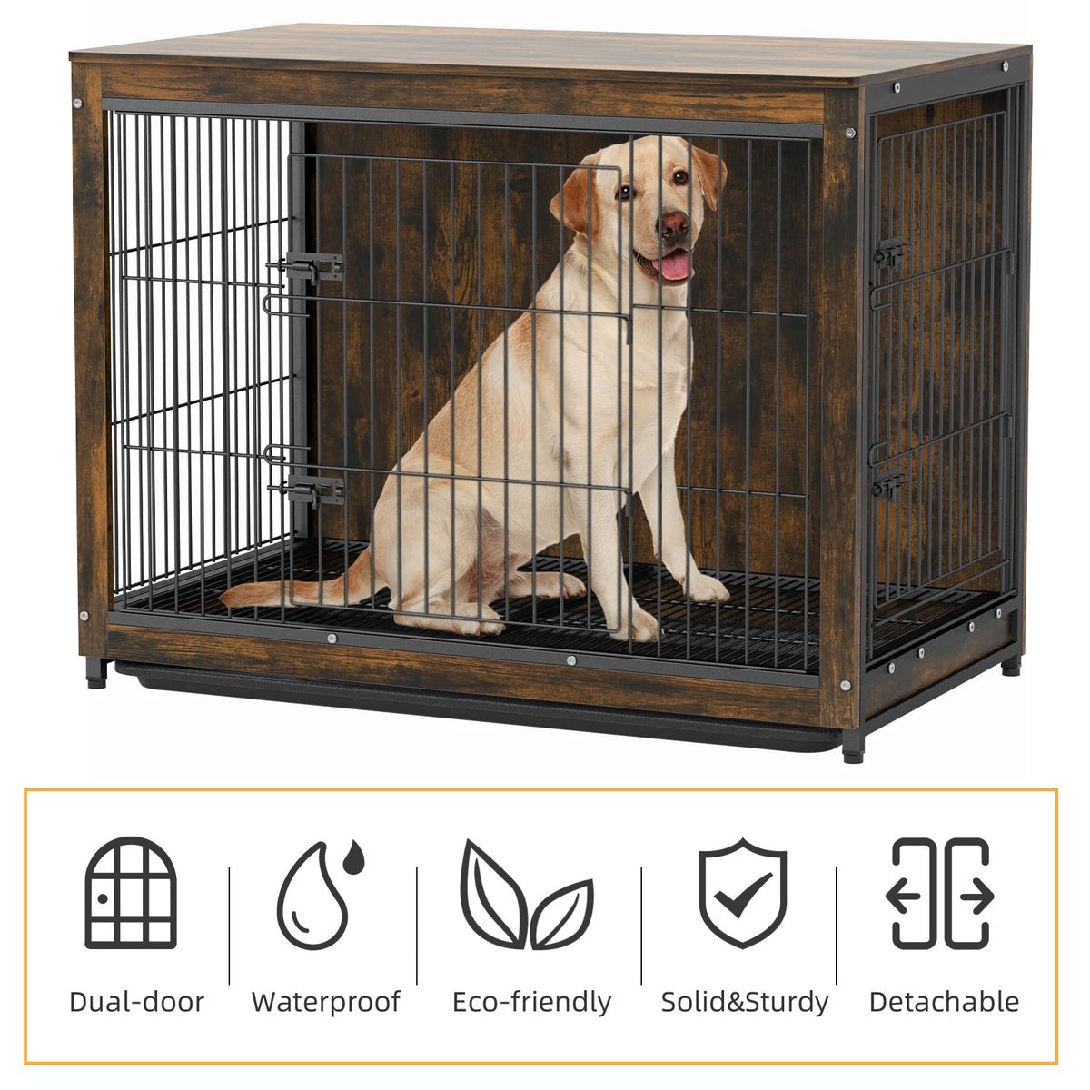 BINGOPAW Dog Crate End Table – Wood & Metal Kennel with Double Doors & Removable Tray (S, M, L) - Pet Suppie