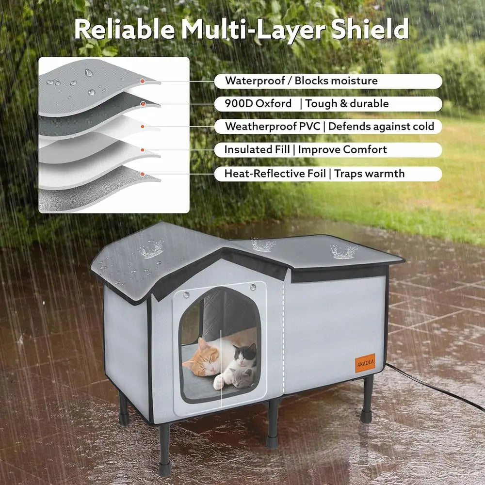 Heated Outdoor Cat Shelter Waterproof with Escape Door and Elevated Base for Winter (26x20x14)