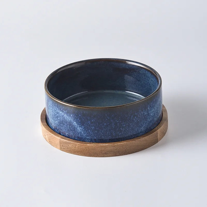 Dog Bowl Ceramic Matte Pet Bowl Cervical Spine Protector Anti Knock Over Wooden Tray Pet Feeding Supplies Cat Accessories - Pet Suppie