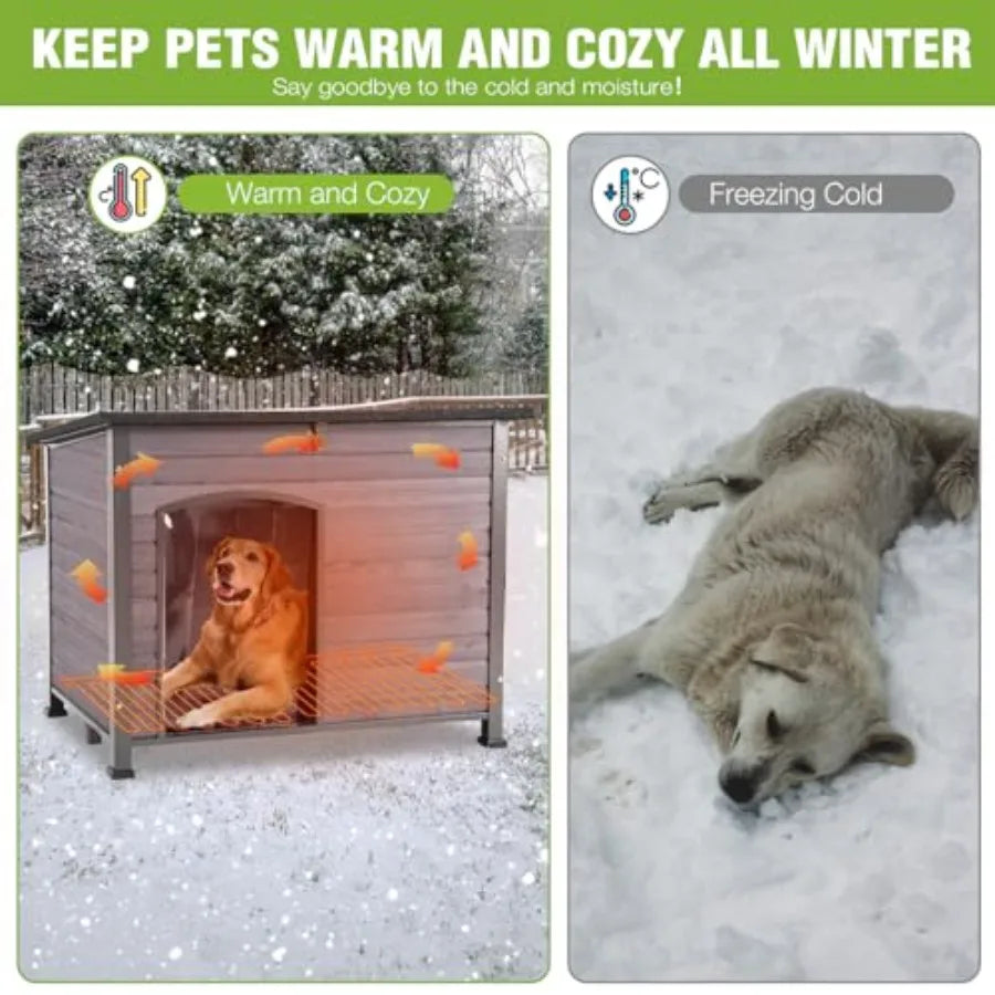 Large Heated Outdoor Dog House with Insulated Weatherproof Design Thermostat-Controlled Heating Pad Chew-Proof Metal Frame in B