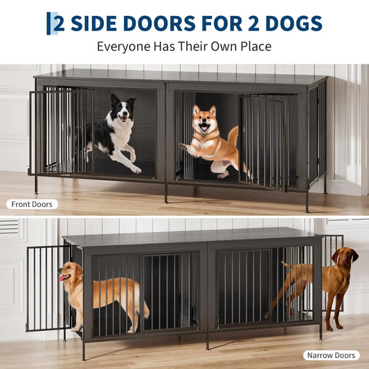 78.74" XL Double Dog Crate Furniture Heavy Duty Kennel With Removable Divider For 2 Dogs Indoor Dog Crate As TV Stand