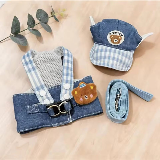 IP Themed Dog and Cat Harness Leash Set with Matching Hat Breathable Mesh No-Pull Vest for Small Dogs Outdoor Walking
