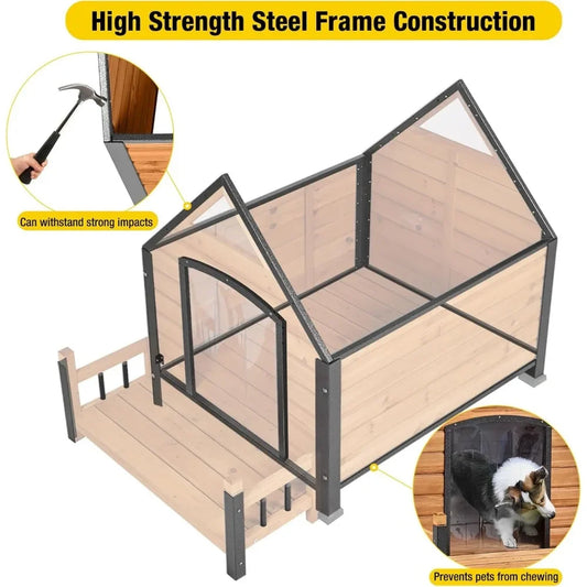 Dogs House Outdoor,Dogs Kennel Outside for Large Breed,Weatherproof Large Dogs Shelter with Anti-Chewing Iron Frame