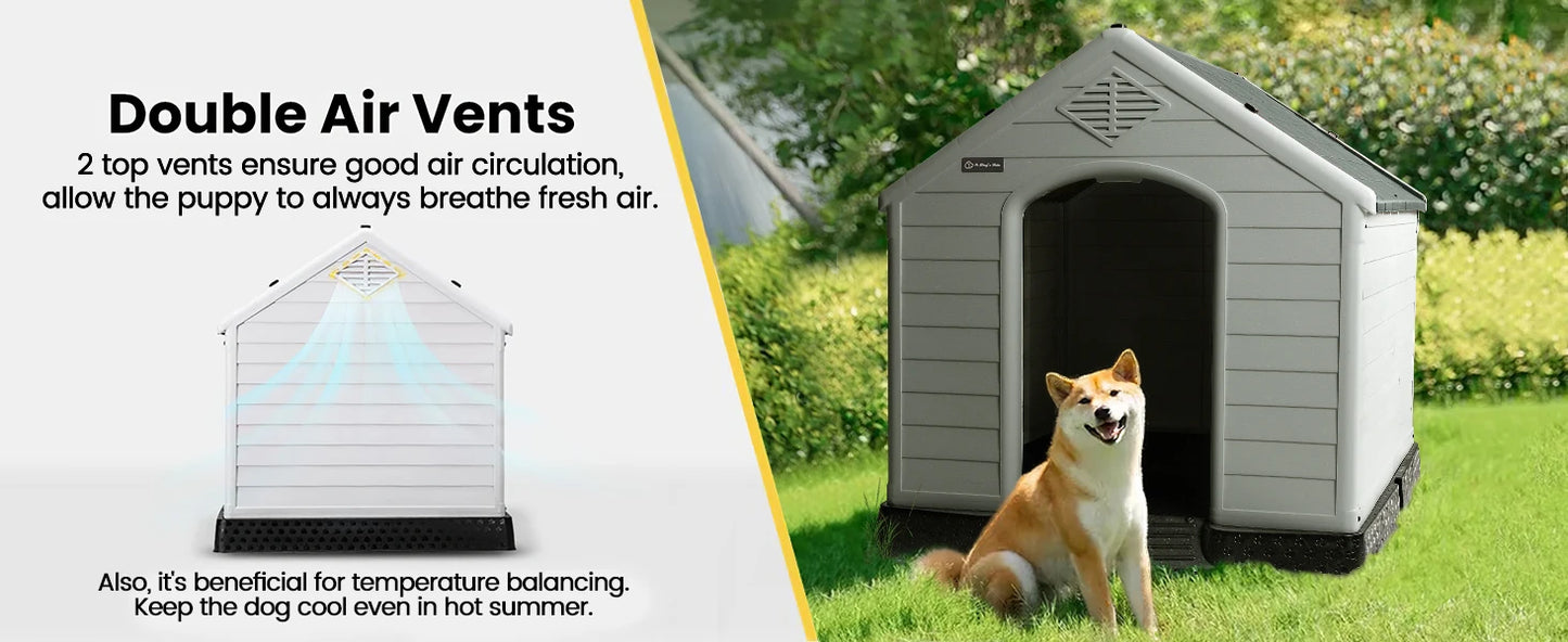 Durable Waterproof Plastic Dog House for Small to Large Sized Dogs, Indoor Outdoor Doghouse Puppy Shelter with Elevated Floor