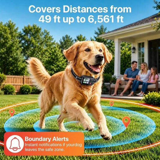 GPS Wireless Dog Collar Fence System, Electric Fence for Dogs | Adjustable Range 49-6561ft, 3 Training Modes, Rechargeable, Waterproof, Pet Containment System