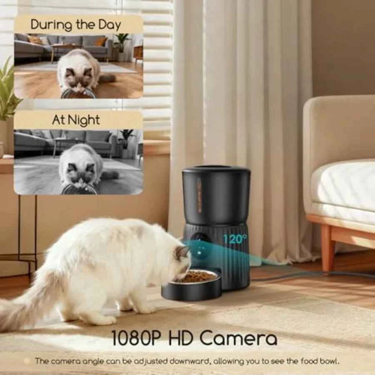 Automatic cat feeder with camera for home use ABS plastic black 1080P HD video with night vision 5G WiFi APP control 2-way audi