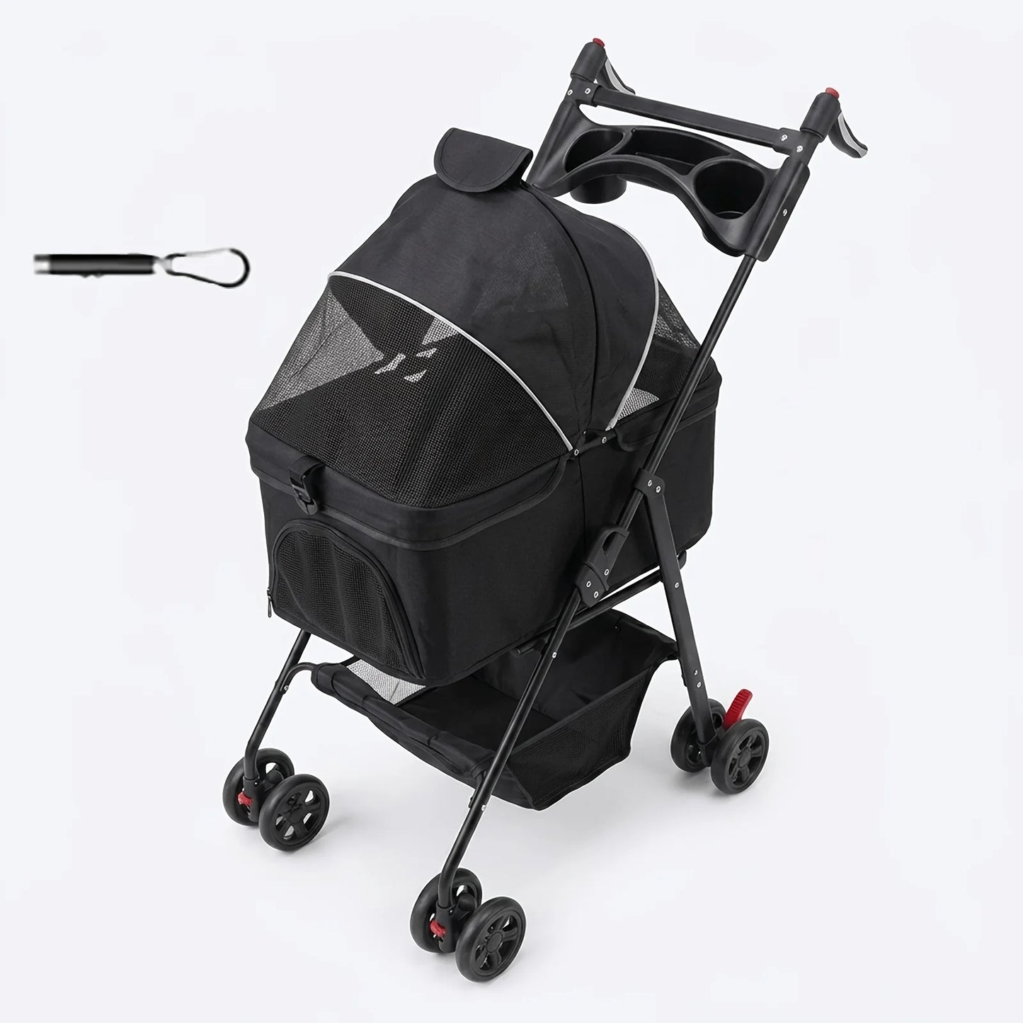 Spacious Pet Stroller for Dogs And Cats, Featuring Foldable Cage, Storage Basket, And Cup Holder Suitable for Small to Medium-Sized Dogs And Cats Four-Wheel Design (Black)
