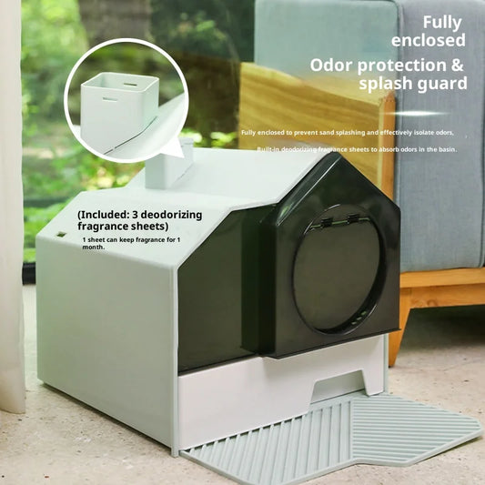 Cleaning Cat Litter Box Enclosed Cat Toilet Drawer Odor Control Large Sealed Anti Odor Chimney Vent Easy Scoop Dispenser