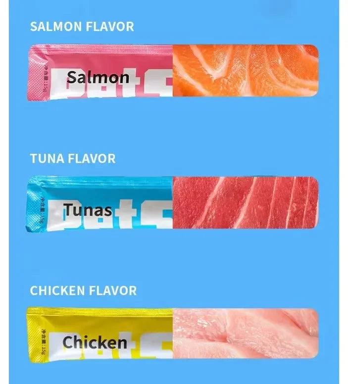 Cat Liquid Snack Strips – Chicken, Salmon & Tuna Wet Treats for Cats & Kittens