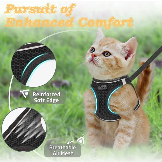 Cat Harness and Leash for Walking, Escape Proof, Adjustable Kitten Vest, Reflective Soft Mesh, Puppy Harness for Outdoor - Pet Suppie
