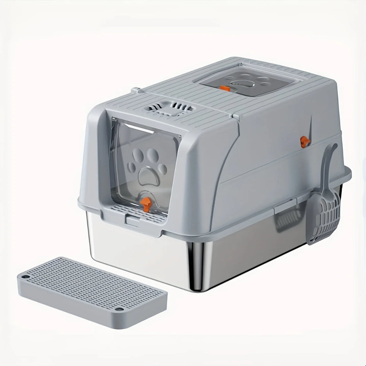 Extra Large Stainless Steel Cat Litter Box Convertible to Fully or Semi-Enclosed Detachable Flip Cover with Pedal &Scoop,for Cat