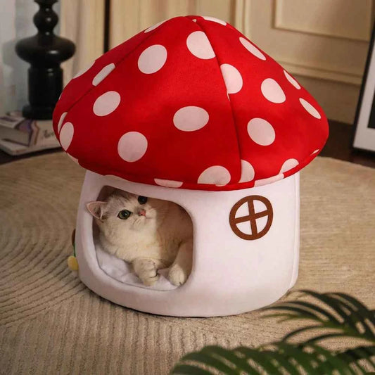 Soft Mushroom Cat Bed House with Cow Print, Semi-Enclosed Plush Cave Nest with Washable Cushion for Cats and Small Dogs