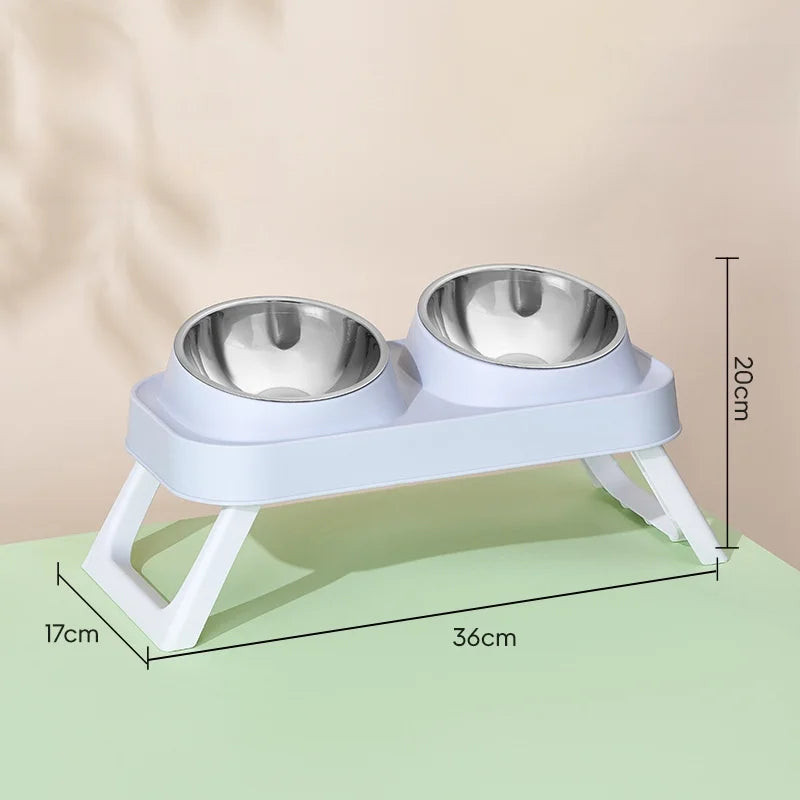 15° Elevated Pet Feeder: Portable Foldable Dual Stainless Steel Bowls with Non-Slip Base - Neck Support for Cats and Dogs - Pet Suppie