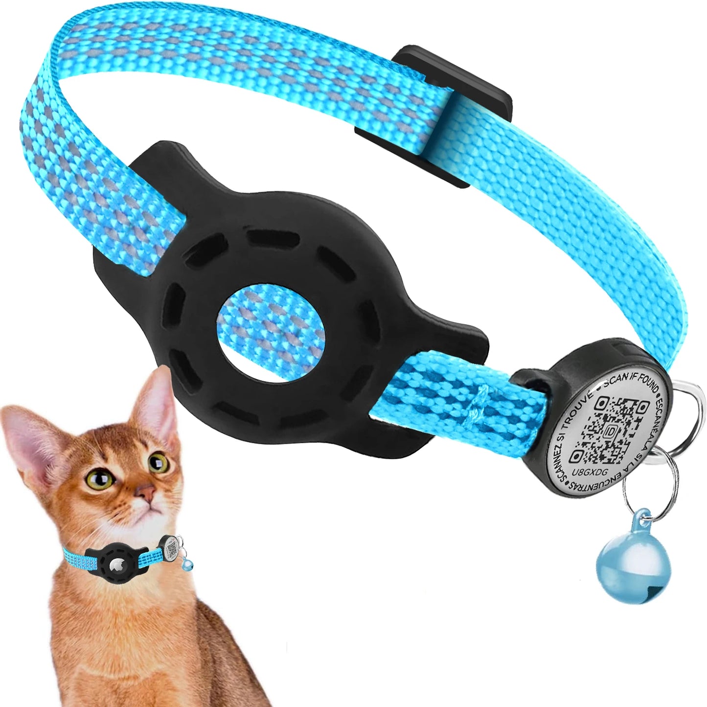 Cat GPS Collar with QR Code Tag & Airtag Case Reflective Apple Tag Cats Collar for Tracker Pet Breakaway Air Tag Kitten Collar