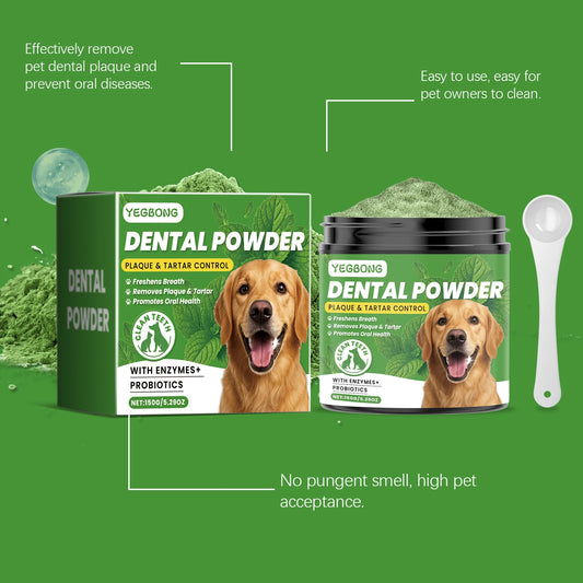 Dog tooth cleaning powder gently cleanses pet teeth, improves tartar, teeth yellowing, freshens breath, natural ingredients