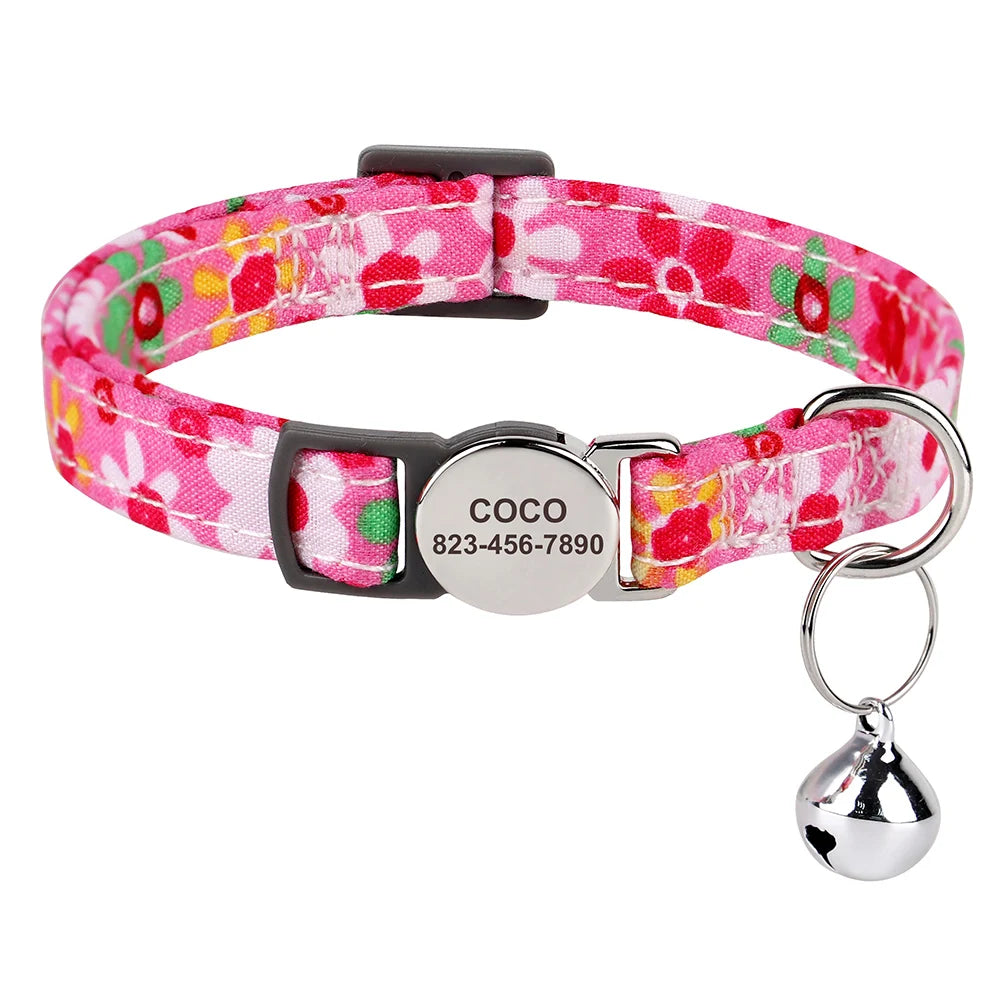 Personalised Anti-Lost Nylon Cat Collar – Quick-Release Breakaway Safety Necklace with Bell & Free Engraving (Pink, Rose, Blue) - Pet Suppie