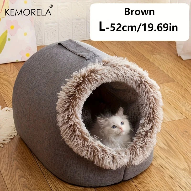 KEMORELA Self-Warming Winter Cat Cave Bed – Cosy Sleeping Kennel Hut for Indoor Cats (Grey & Brown, M & L) - Pet Suppie