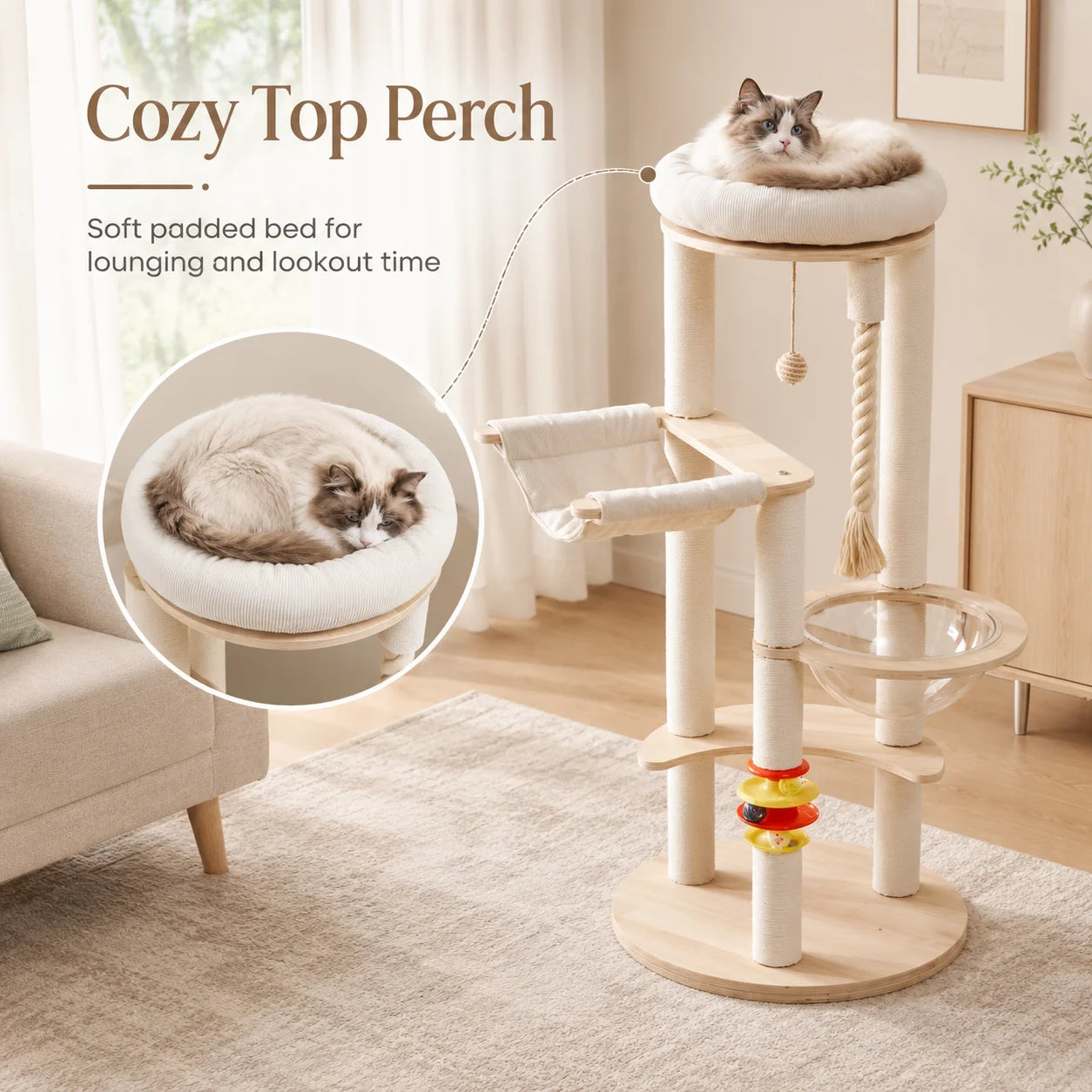Multi-Functional Cat Tree Tower with Space Capsule, Hanging Ball, Scratching Posts, and Soft Condo - Sturdy Wooden Design for Kittens and Adult Cats, Cat Tree Tower