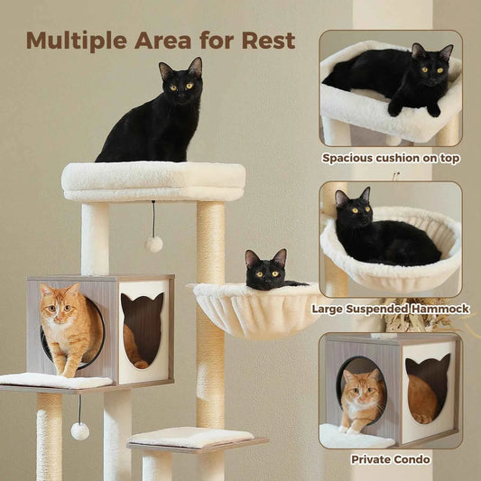 Wood Cat Tree with Storage Cabinet Sisal Scratching Posts Cozy Condo Hammock Dangling Balls Large Cat Tower for Indoor Pet Furniture Cat Toys