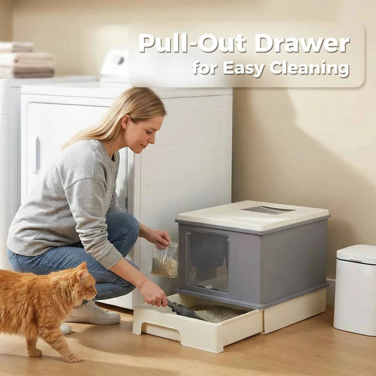 Enclosed Cat Litter Box with Scoop, Large Litter Box for Indoor, Cat Toilet with Lid, Pull-Out Drawer, Top Exit Anti-Tracking