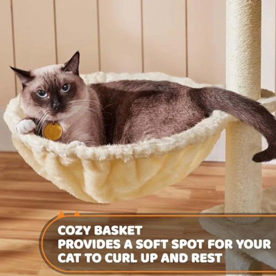 69in Large Cat Tree Tower, 2 Condos, Sisal Posts and Cat-Ear Perch Sturdy anti-wobble base, soft basket, climbing ramp, easy as