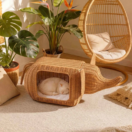 Handmade Elephant Rattan Cat Condo Bed – Plush Cushioned Wicker Hideaway, Heavy-Duty Indoor Shelter for Large Cats & Small Kittens