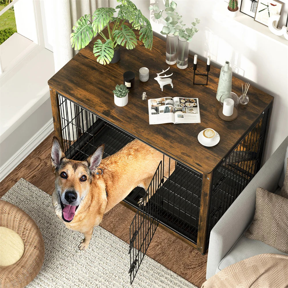 Large Elevated Dog Crate Wooden Dog Kennel Cage Pet House End Table with Double Door and Removable Tray Rustic Furniture Indoor