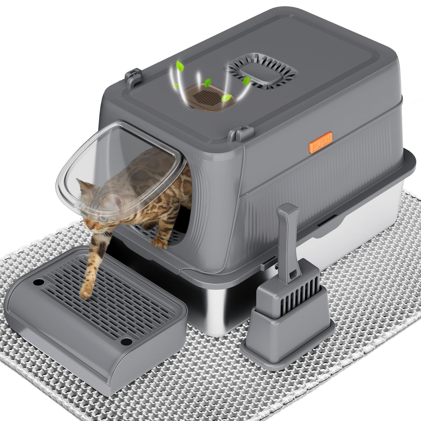 CITYLIFE Extra Large Stainless Steel Cat Litter Box, Fully Enclosed Cat Litter Box With Lid, Foldable Anti-Splashing Cat Litter Box With Front Flap Door, Cat Toilet For Indoor Cats, Top Deodorization Pet Toilet