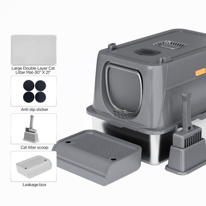 CITYLIFE Extra Large Stainless Steel Cat Litter Box, Fully Enclosed Cat Litter Box With Lid, Foldable Anti-Splashing Cat Litter Box With Front Flap Door, Cat Toilet For Indoor Cats, Top Deodorization Pet Toilet