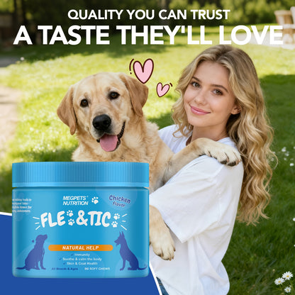 Natural Fle & Tic Health For Dogs& Cats- Skin & Digestive And Immune Supplement- With Natural Flax Seed Meal, Coriander, Brewer'S Yeast, All Breeds & Ages, 90 Count, Tasty Chicken Flavor