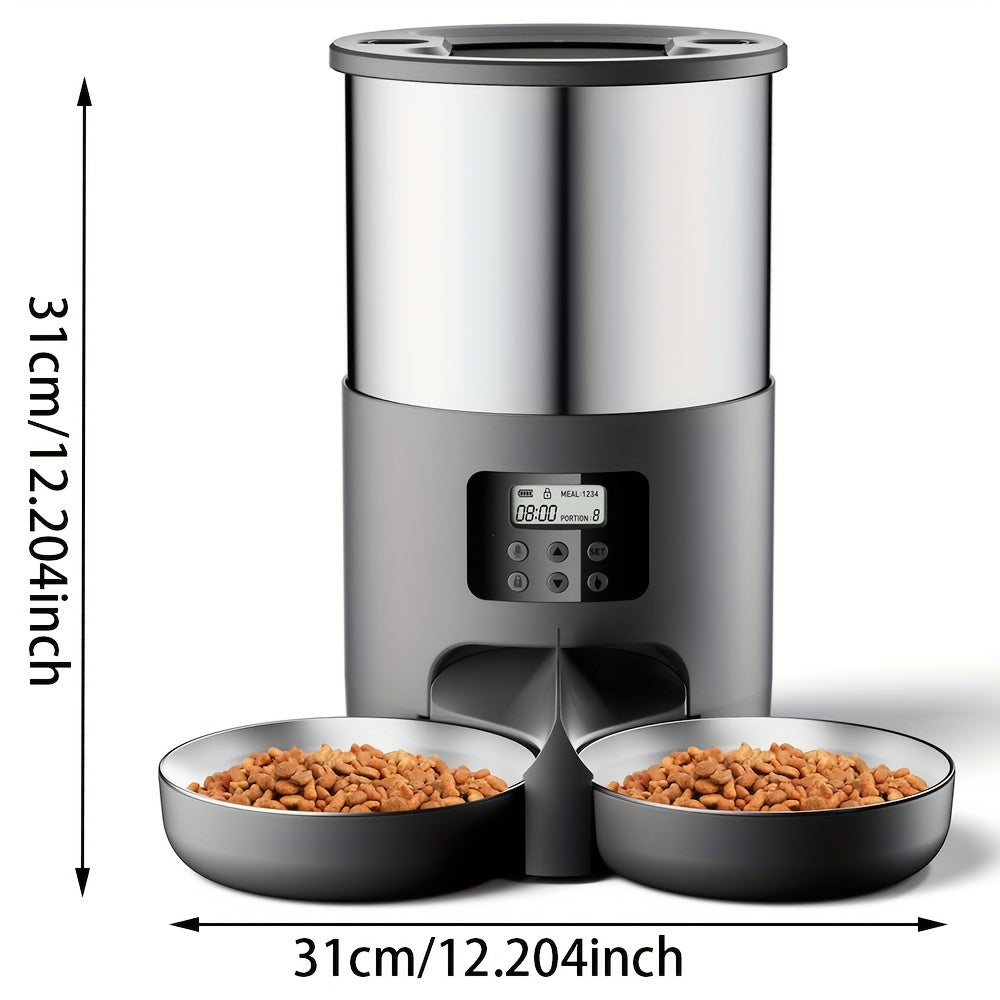 1pc Automatic Pet Feeder for Cats and Small to Medium Dogs, 4.5L Stainless Steel Dispenser with Dual Power, 6-Button Control, Includes 2 Bowls, Voice Record Feature, for Travel & Home Use - No Battery Included