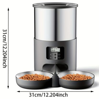 1pc Automatic Pet Feeder for Cats and Small to Medium Dogs, 4.5L Stainless Steel Dispenser with Dual Power, 6-Button Control, Includes 2 Bowls, Voice Record Feature, for Travel & Home Use - No Battery Included