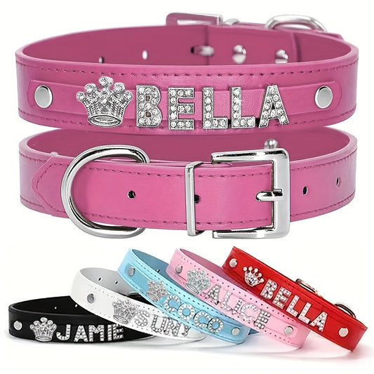 [Personalized Dog Collar] Personalized Dog Collar - Custom Name/Text, Faux Leather, Rhinestone Heart Star, Adjustable Metal Buckle, for Small, Medium, Large Dogs - Pink, Red