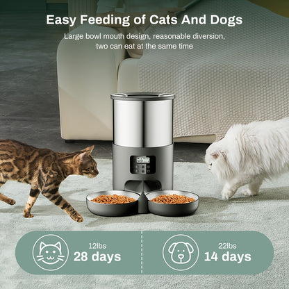 1pc Automatic Pet Feeder for Cats and Small to Medium Dogs, 4.5L Stainless Steel Dispenser with Dual Power, 6-Button Control, Includes 2 Bowls, Voice Record Feature, for Travel & Home Use - No Battery Included