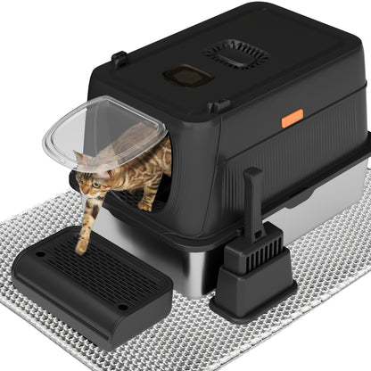 CITYLIFE Extra Large Stainless Steel Cat Litter Box, Fully Enclosed Cat Litter Box With Lid, Foldable Anti-Splashing Cat Litter Box With Front Flap Door, Cat Toilet For Indoor Cats, Top Deodorization Pet Toilet