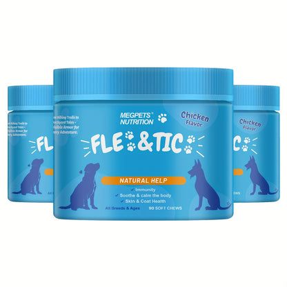 Natural Fle & Tic Health For Dogs& Cats- Skin & Digestive And Immune Supplement- With Natural Flax Seed Meal, Coriander, Brewer'S Yeast, All Breeds & Ages, 90 Count, Tasty Chicken Flavor