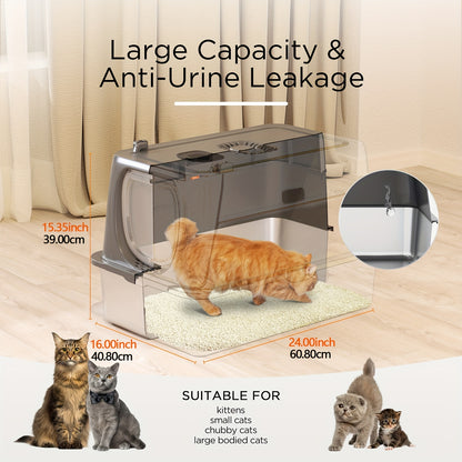 CITYLIFE Extra Large Stainless Steel Cat Litter Box, Fully Enclosed Cat Litter Box With Lid, Foldable Anti-Splashing Cat Litter Box With Front Flap Door, Cat Toilet For Indoor Cats, Top Deodorization Pet Toilet