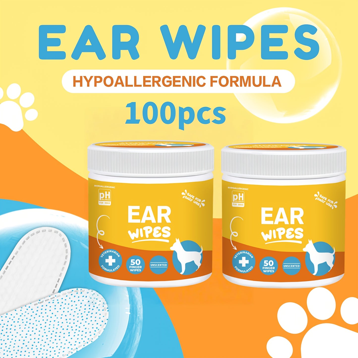 Dog Ear Cleaner Wipes, Cleaning Soothing and Deodorizing Itchy Ears, Pet Ear Relief Solution, Finger Wipes for Dogs, Coconut Scent