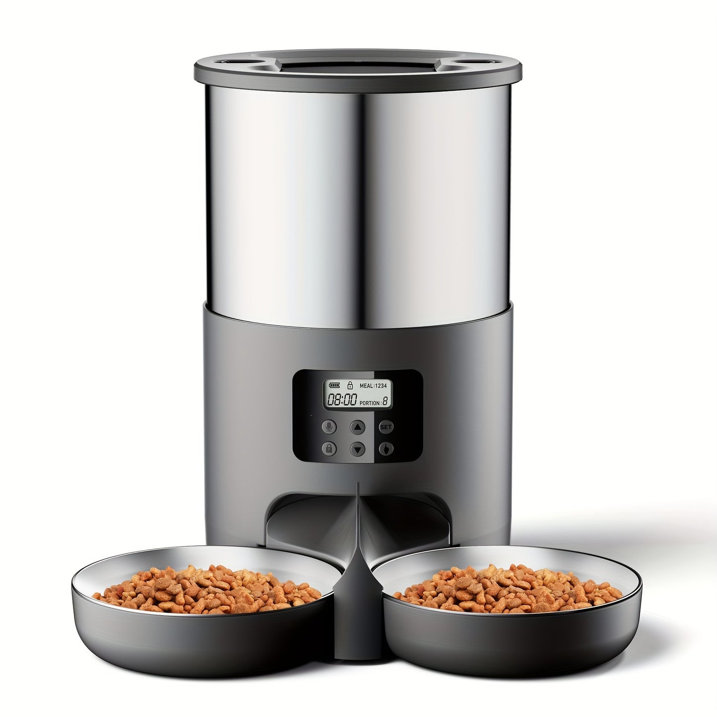 1pc Automatic Pet Feeder for Cats and Small to Medium Dogs, 4.5L Stainless Steel Dispenser with Dual Power, 6-Button Control, Includes 2 Bowls, Voice Record Feature, for Travel & Home Use - No Battery Included