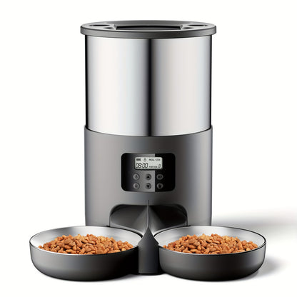 1pc Automatic Pet Feeder for Cats and Small to Medium Dogs, 4.5L Stainless Steel Dispenser with Dual Power, 6-Button Control, Includes 2 Bowls, Voice Record Feature, for Travel & Home Use - No Battery Included